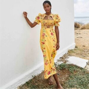 Farm Rio Flower Dream Maxi Dress Yellow Floral Smocked Puff Sleeve Size Small S
